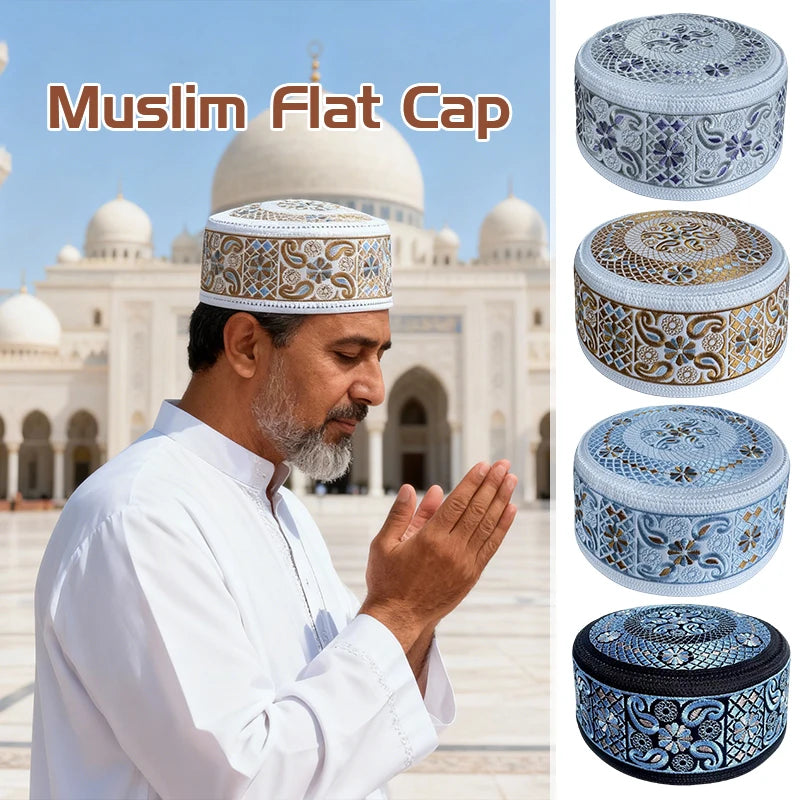 55-60 Muslim Yarmulke Fashion Muslim Hat Men Flat-top Embroidered Islam Prayer Hat Busines Party Birthday Wedding Turban Cap