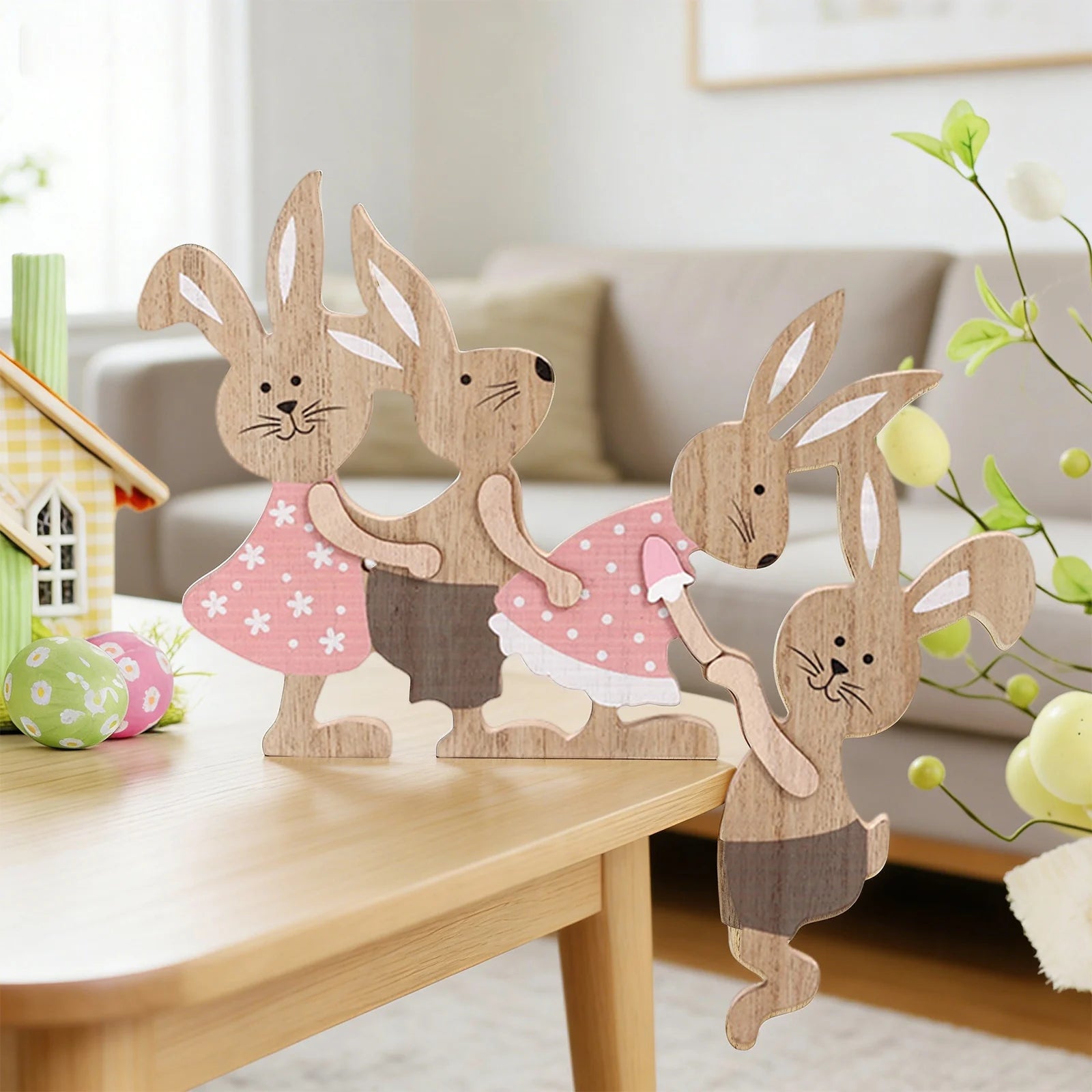 Easter Painted Rabbit Figurine Cute Wooden Craft Holiday Jointed Tabletop Ornament Party Decorative Accent Family Bunny Statue