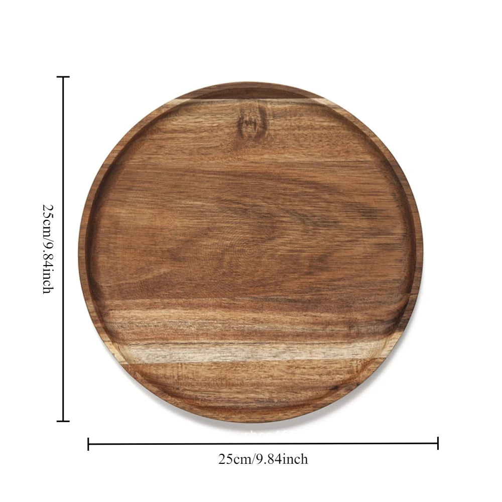 20/25cm Acacia Wood Round Wooden Dinner Tray Easy To Clean, Pizza Salad Tray Fruit Dessert Tray, Snack Tray, Stackable, Reusable