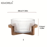 KEMORELA Striped Glass Bowl with Wooden Stand Scratch-Resistant round Salad Fruit Dessert Display for Living Room