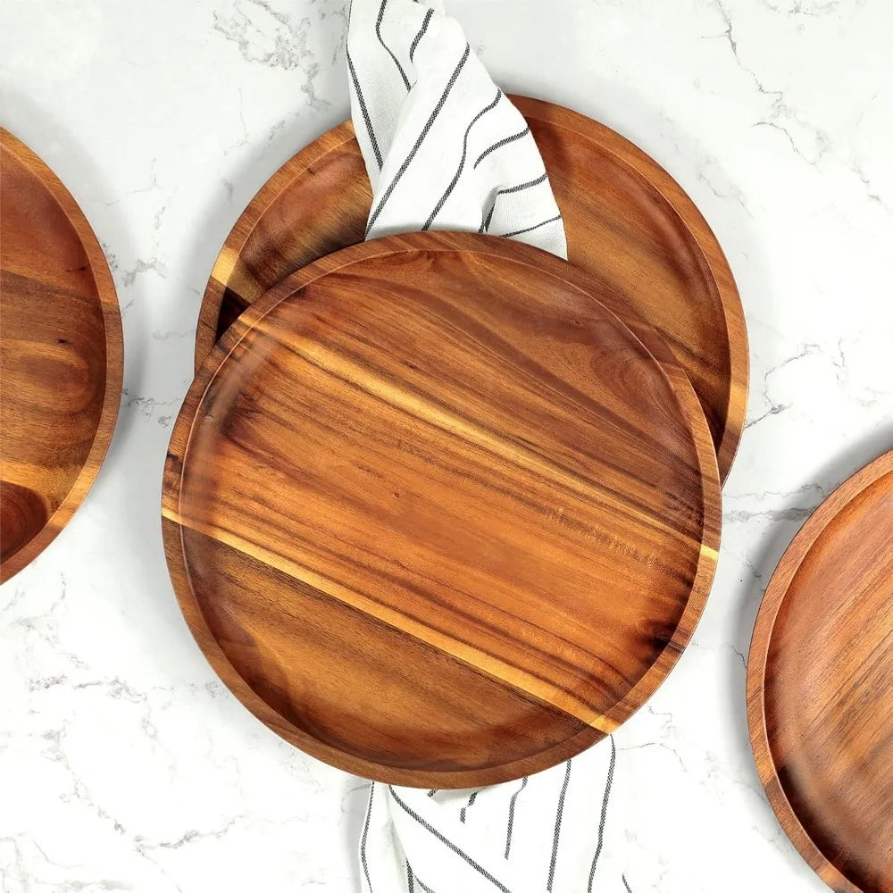 20/25cm Acacia Wood Round Wooden Dinner Tray Easy To Clean, Pizza Salad Tray Fruit Dessert Tray, Snack Tray, Stackable, Reusable