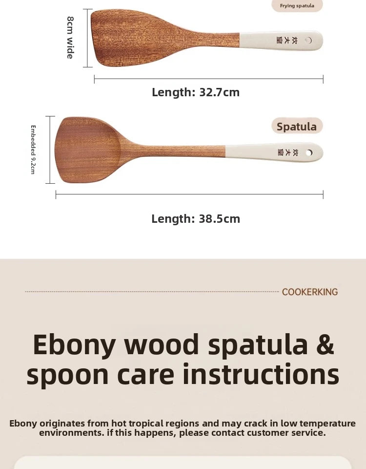 COOKER KING Ebony Wood Cooking Utensils Heat Resistant Non-Stick Pan Safe Spatula Stir Fry Rice Soup Spoon