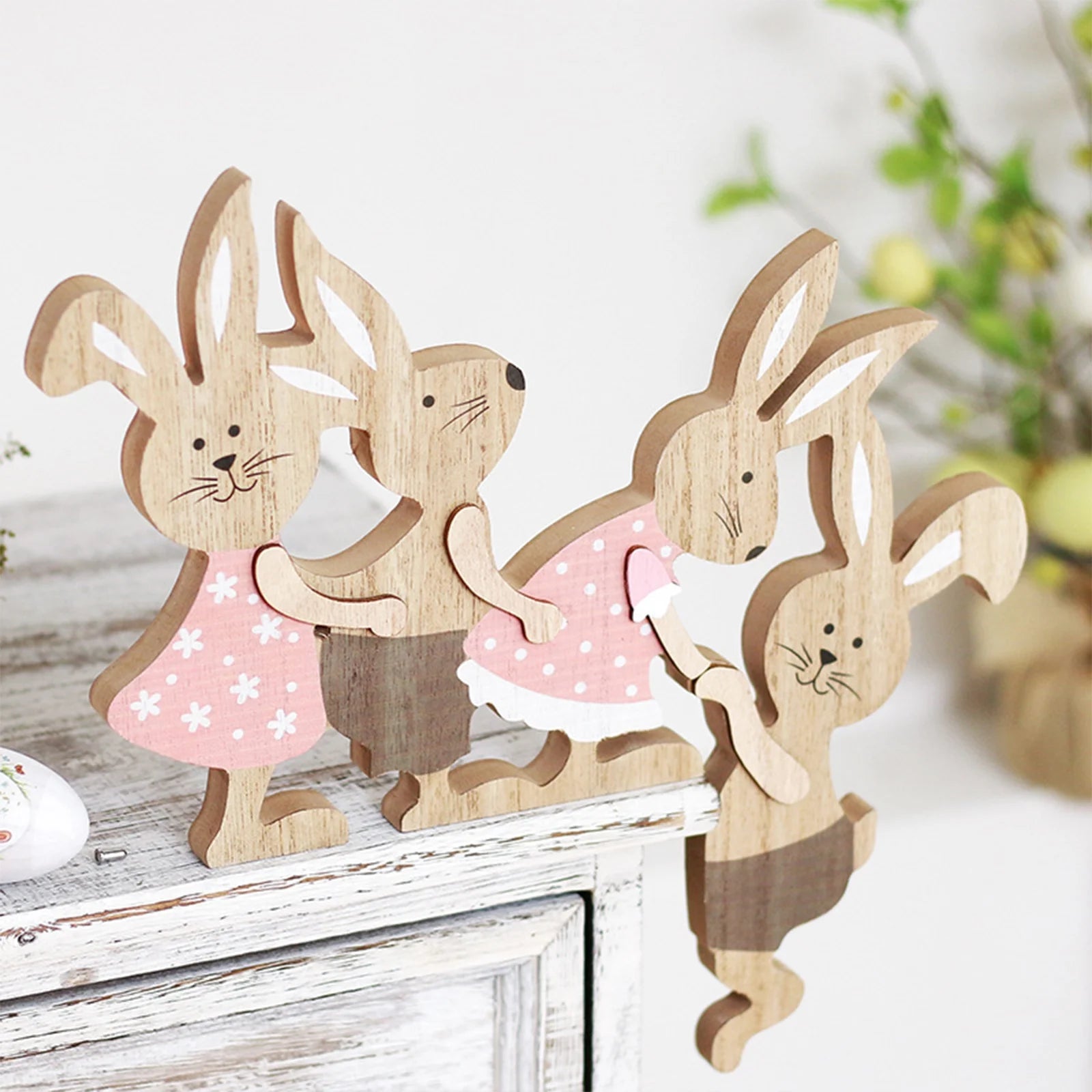 Easter Painted Rabbit Figurine Cute Wooden Craft Holiday Jointed Tabletop Ornament Party Decorative Accent Family Bunny Statue