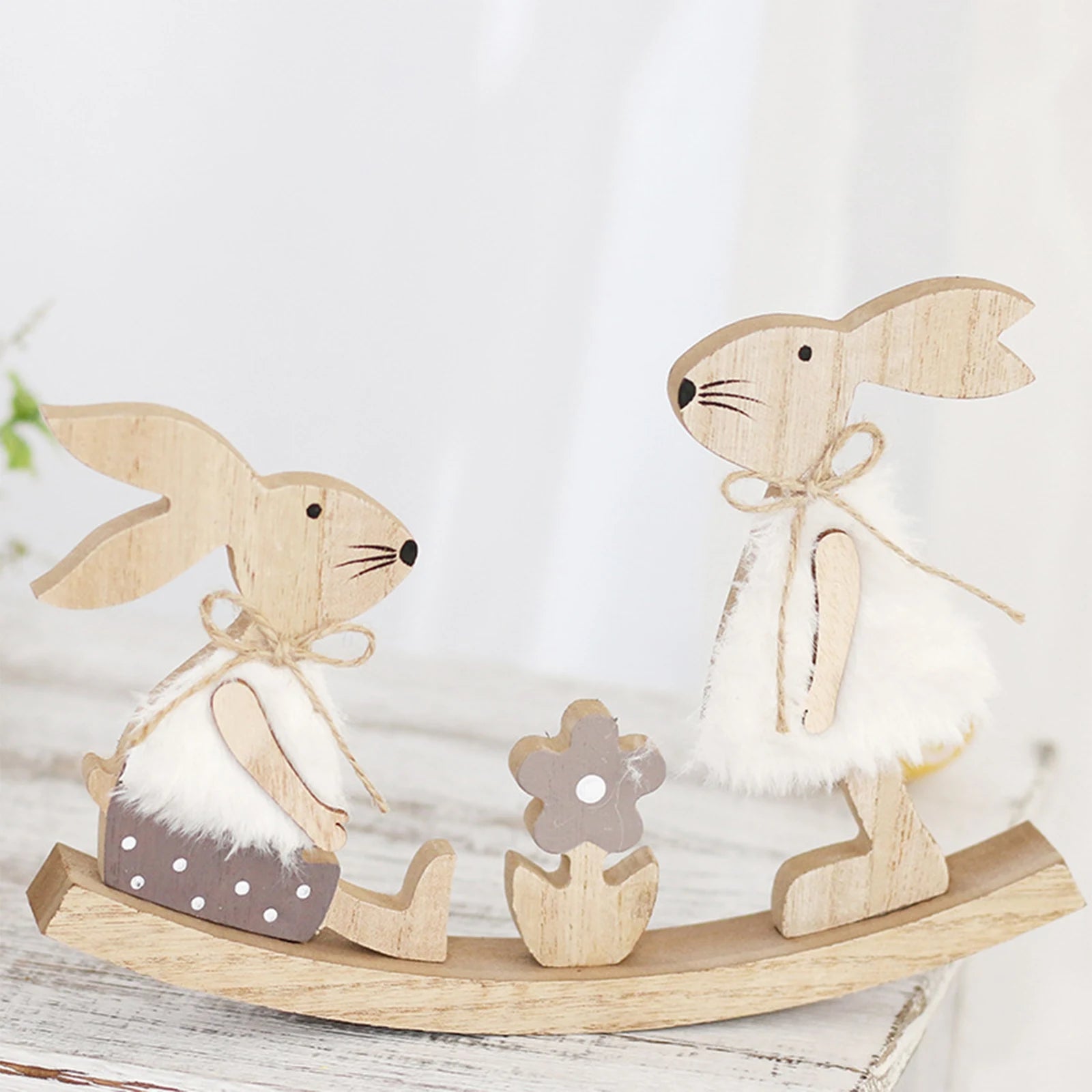 Easter Painted Rabbit Figurine Cute Wooden Craft Holiday Jointed Tabletop Ornament Party Decorative Accent Family Bunny Statue