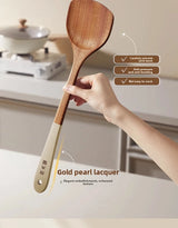 COOKER KING Ebony Wood Cooking Utensils Heat Resistant Non-Stick Pan Safe Spatula Stir Fry Rice Soup Spoon