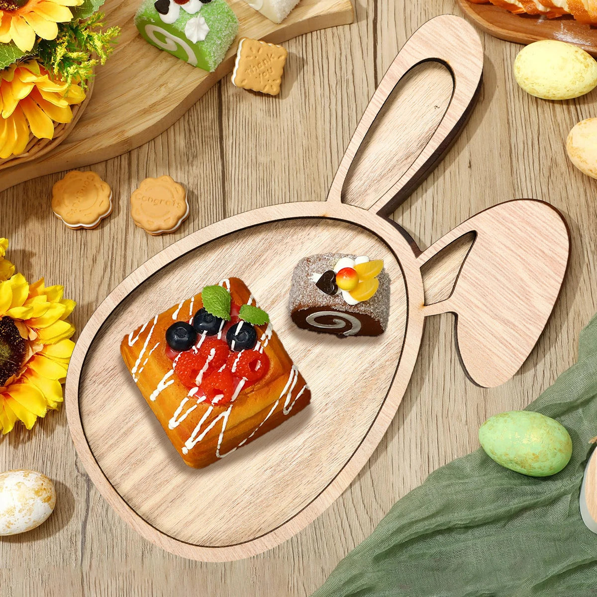 Easter Bunny Egg Wooden Tray Food Plate Fruit Serving Bread Display Wooden Spring Decor Kids Child Cake Decor Easter Supplies