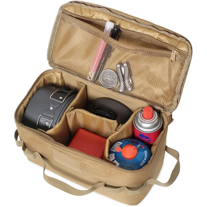 Large Capacity Outdoor Camping Storage Bag - Ground Nail Tool Bag with Picnic Cookware Utensils Kit Gas Canister Organizer