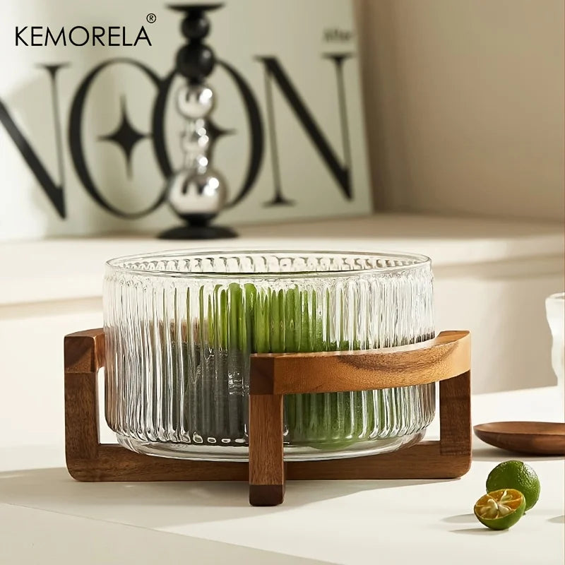 KEMORELA Striped Glass Bowl with Wooden Stand Scratch-Resistant round Salad Fruit Dessert Display for Living Room