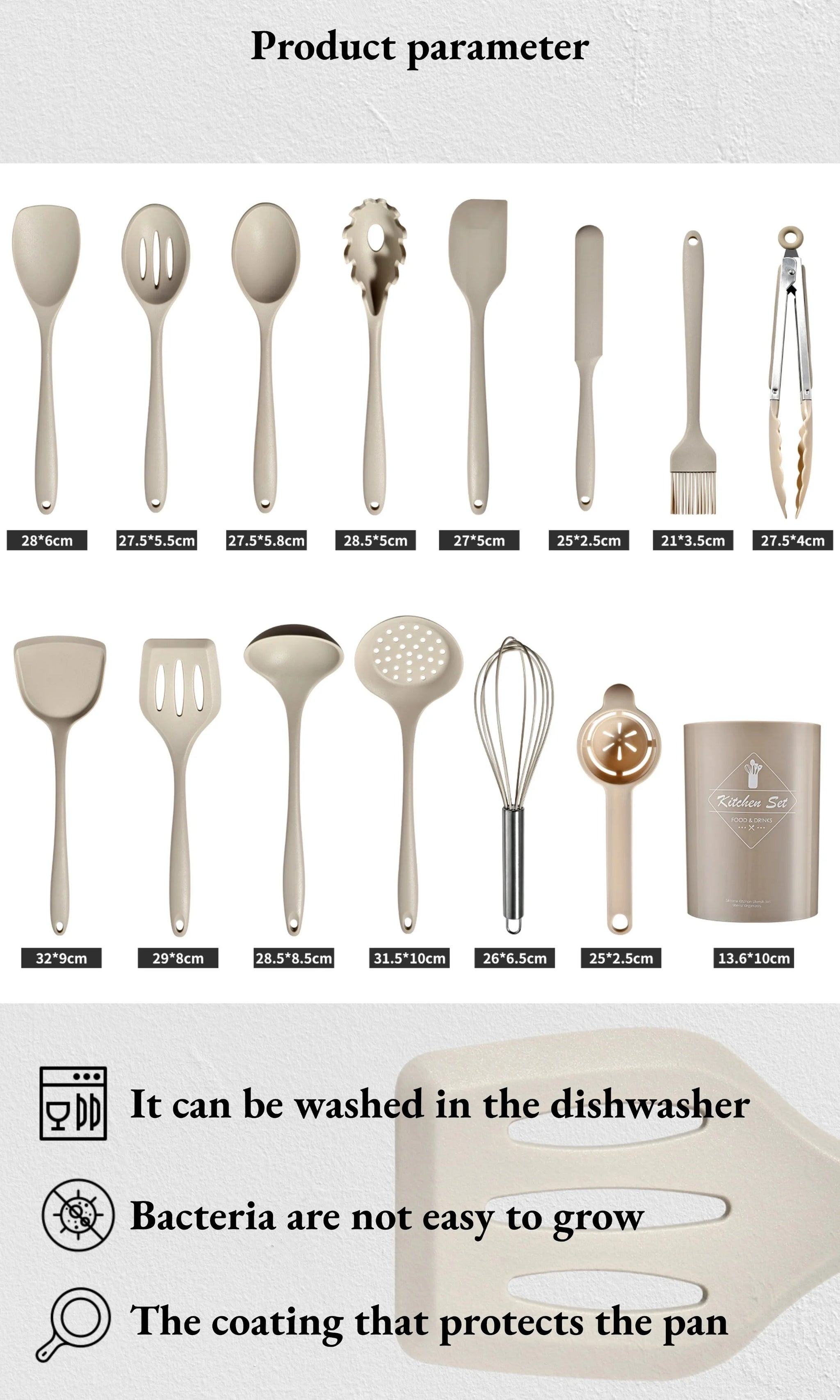 15Pcs Khaki Food Grade Silicone Kitchen Cookware Utensils Turner Spatula Soup Spoon Practical Cooking Tool Kitchenware Set