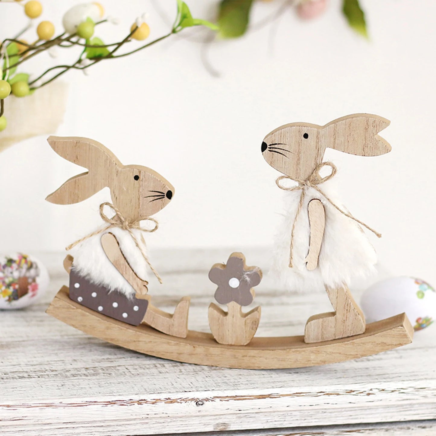 Easter Painted Rabbit Figurine Cute Wooden Craft Holiday Jointed Tabletop Ornament Party Decorative Accent Family Bunny Statue