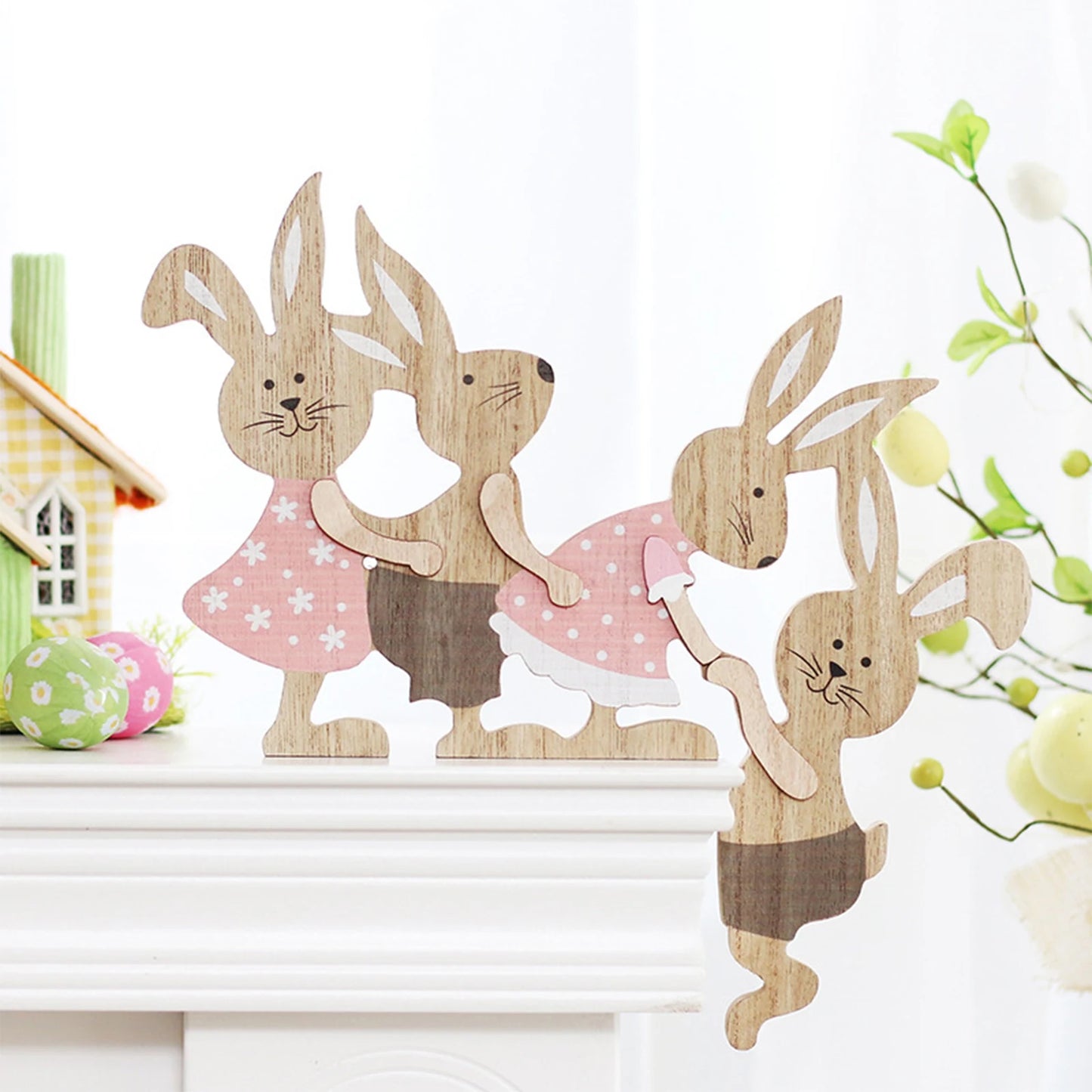 Easter Painted Rabbit Figurine Cute Wooden Craft Holiday Jointed Tabletop Ornament Party Decorative Accent Family Bunny Statue