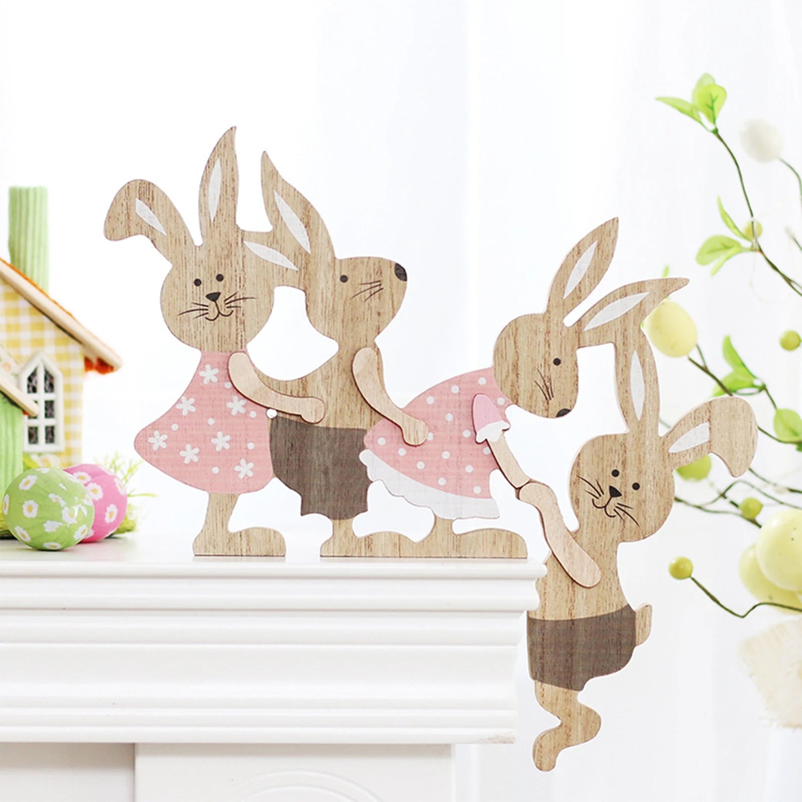 Easter Painted Rabbit Figurine Cute Wooden Craft Holiday Jointed Tabletop Ornament Party Decorative Accent Family Bunny Statue