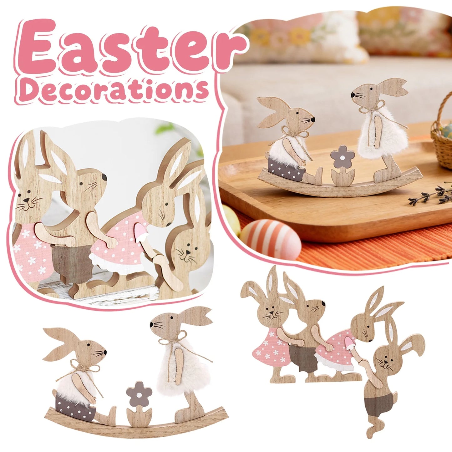Easter Painted Rabbit Figurine Cute Wooden Craft Holiday Jointed Tabletop Ornament Party Decorative Accent Family Bunny Statue